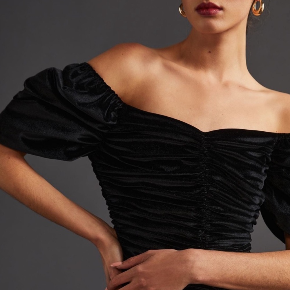 NWT Anthropologie Hutch Black Velvet Ruched Puff Sleeve Mini Dress Sz 10 - Picture 6 of 16